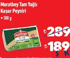 MURATBEY TAM YAĞLI KAŞAR PEYNİRİ 500 G fiyat ve kampanya bilgisi